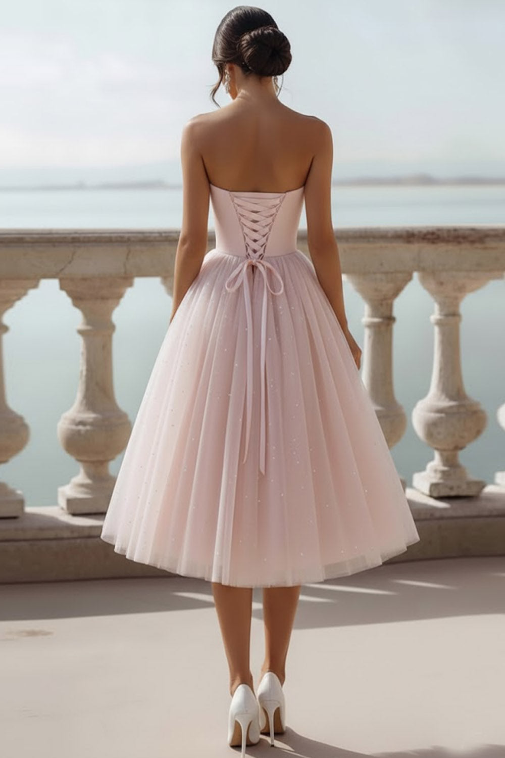 English Rose Glitter Tulle Sweetheart A Line Midi Bridesmaid Dress