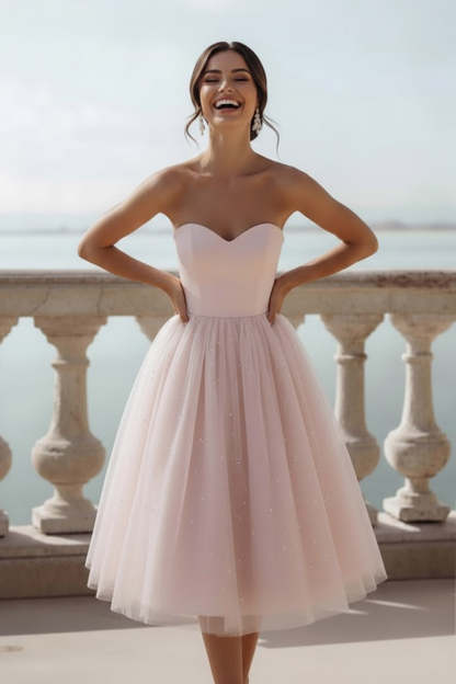 English Rose Glitter Tulle Sweetheart A Line Midi Bridesmaid Dress