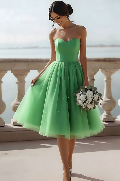 English Rose Glitter Tulle Sweetheart A Line Midi Bridesmaid Dress