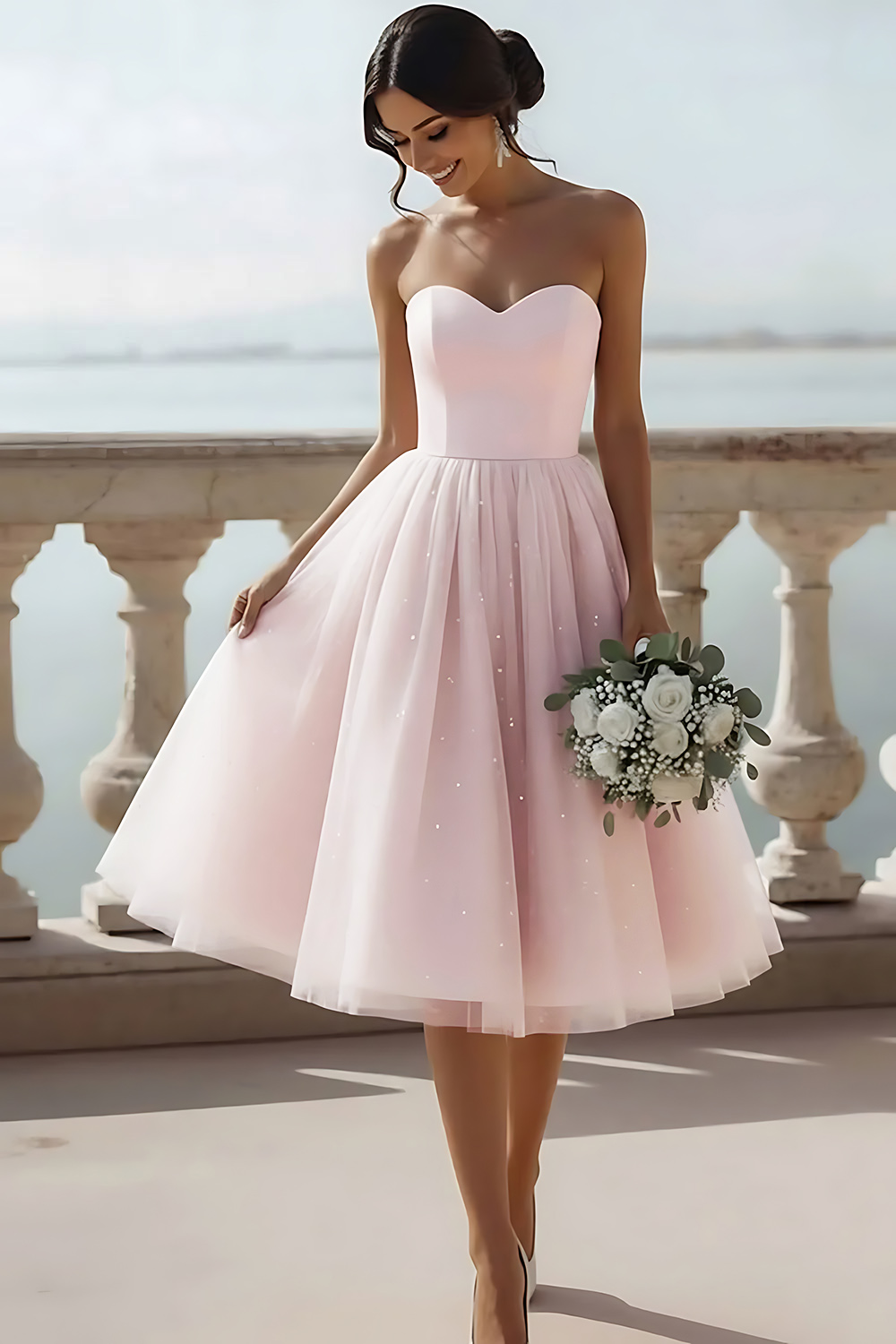 English Rose Glitter Tulle Sweetheart A Line Midi Bridesmaid Dress