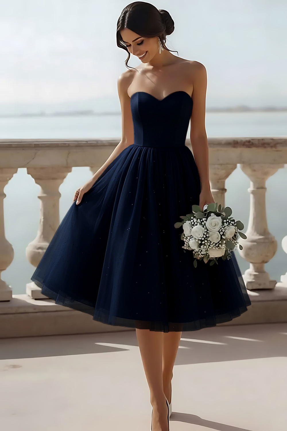 English Rose Glitter Tulle Sweetheart A Line Midi Bridesmaid Dress