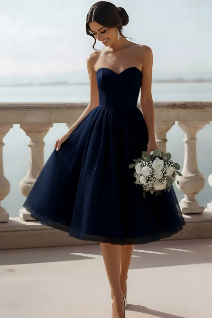 English Rose Glitter Tulle Sweetheart A Line Midi Bridesmaid Dress
