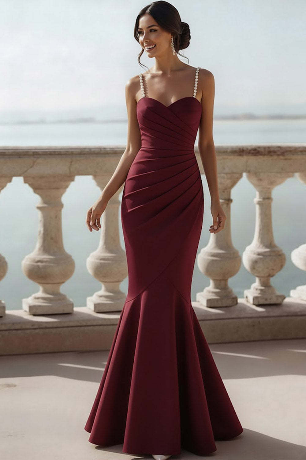 English Rose Mermaid Ruched Maxi Bridesmaid Dress with Beading