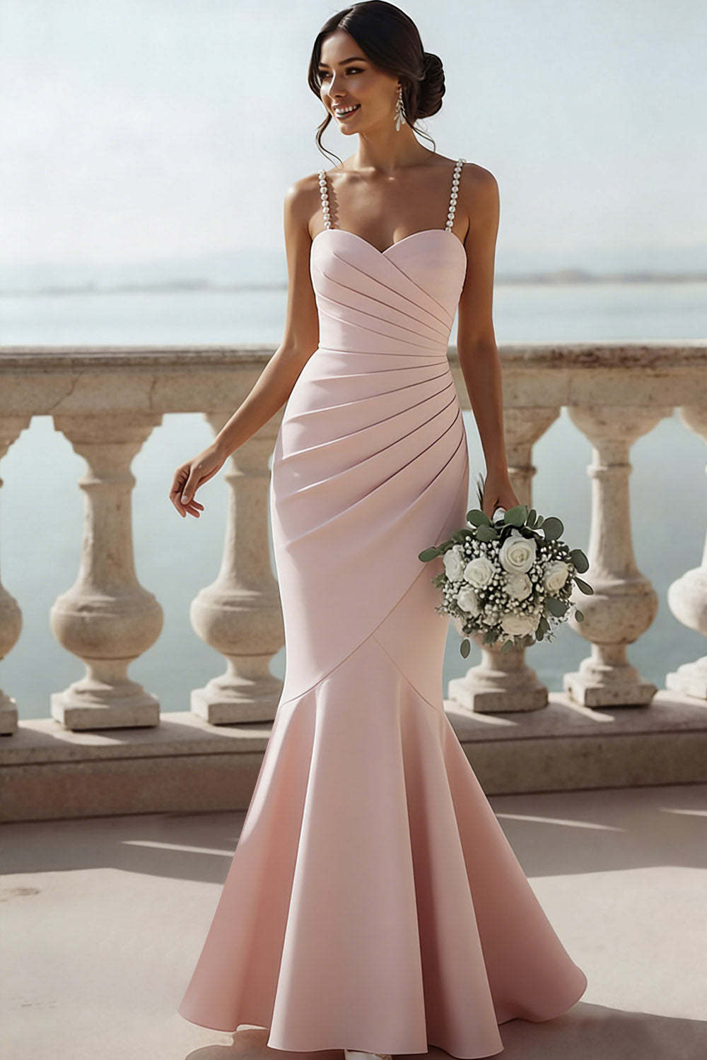 English Rose Mermaid Ruched Maxi Bridesmaid Dress with Beading