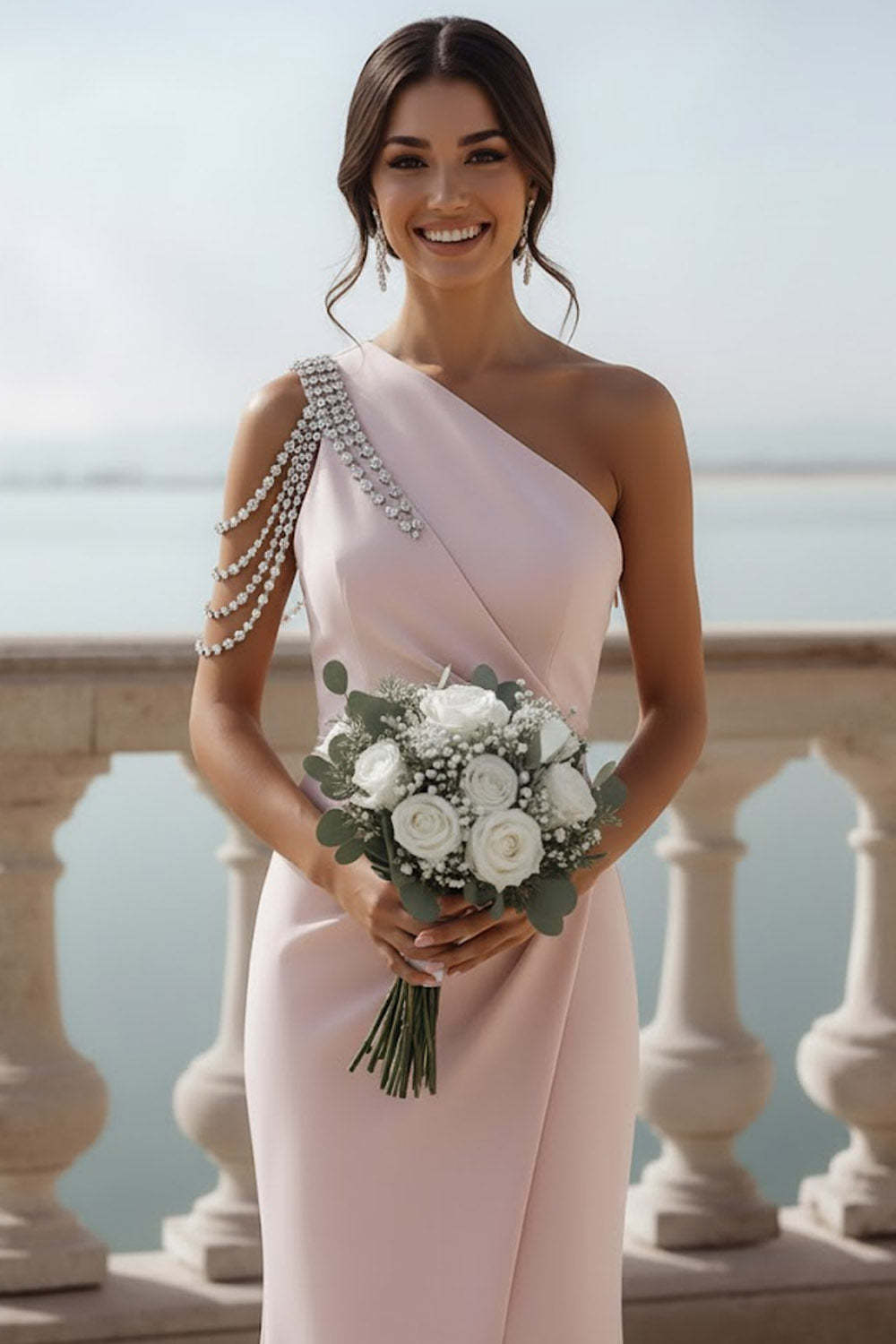 Sparkly English Rose Beaded Mermaid Ruched Maxi Bridesmaid Dress with Slit