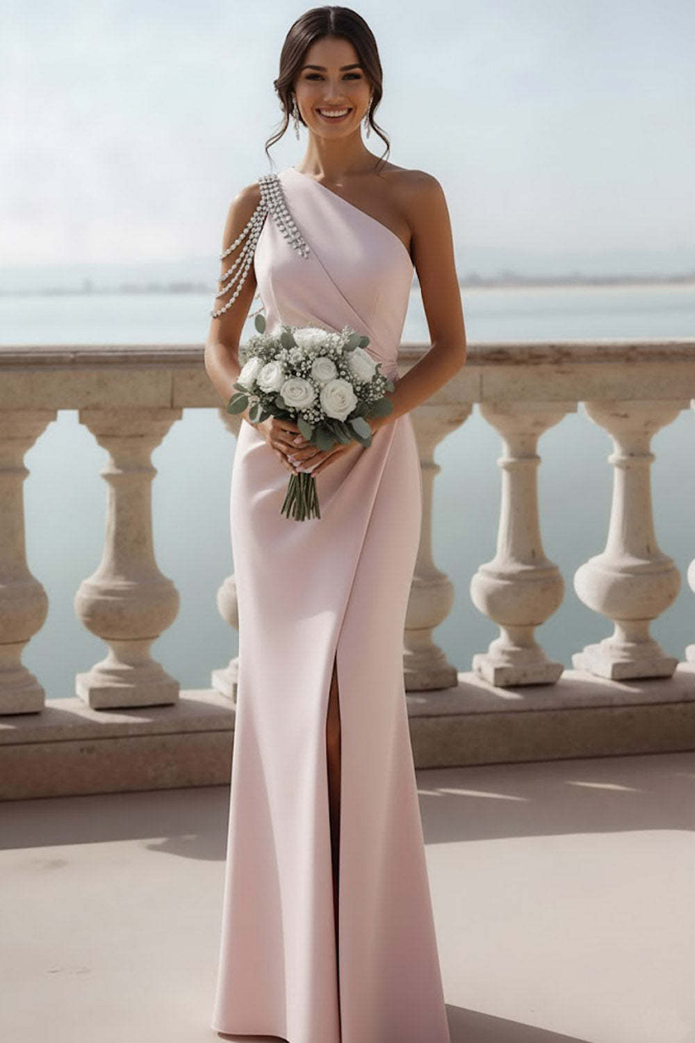 Sparkly English Rose Beaded Mermaid Ruched Maxi Bridesmaid Dress with Slit