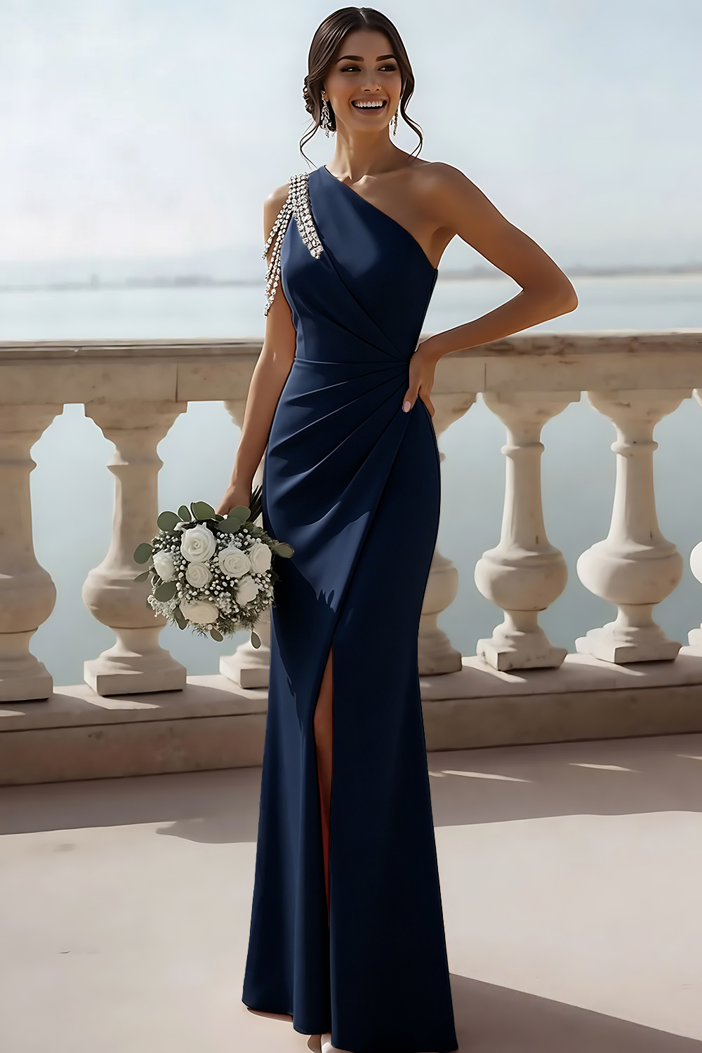 Sparkly English Rose Beaded Mermaid Ruched Maxi Bridesmaid Dress with Slit