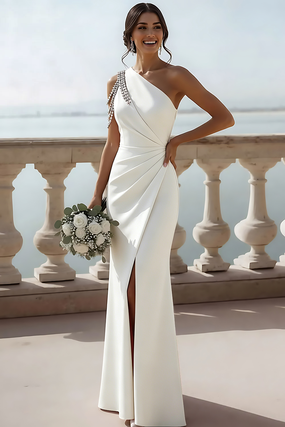 Leely Women Sparkly English Rose Maxi Bridesmaid Dress with Slit Beaded Mermaid Ruched Wedding Guest Dress