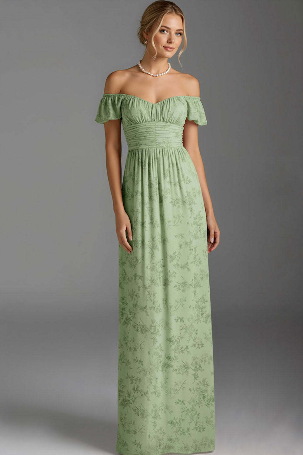 Leely Women Floral Green Long Bridesmaid Dress with Ruffles Ruched Sheath Off the Shoulder Wedding Guest Dress