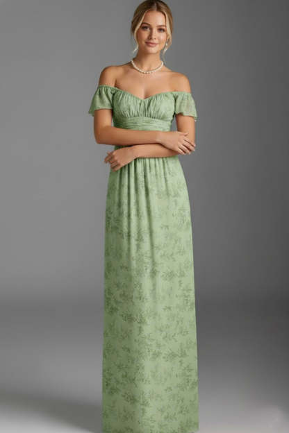 Floral Green Ruched Sheath Long Bridesmaid Dress with Ruffles