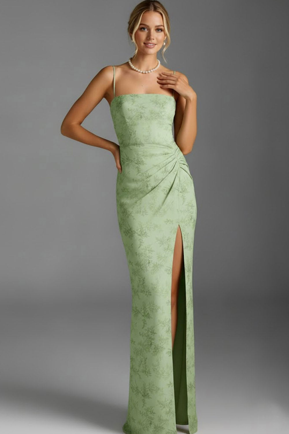 Leely Women Floral Green Mermaid Long Bridesmaid Dress with Slit Spaghetti Straps Ruched Wedding Guest Dress