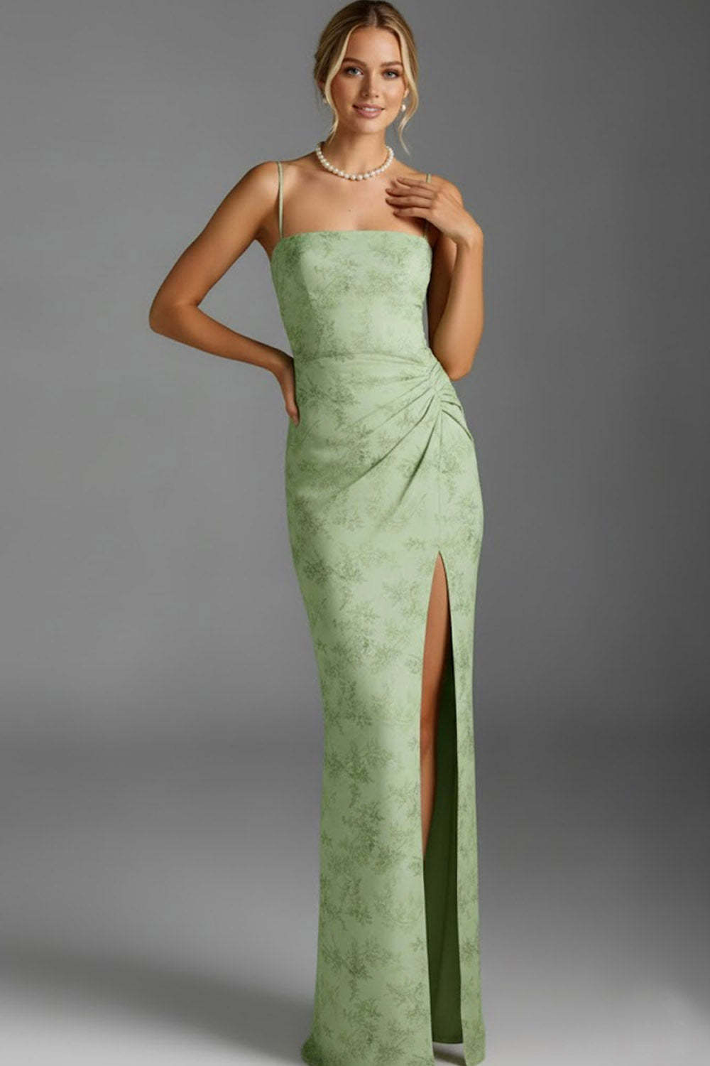 Leely Women Floral Green Mermaid Long Bridesmaid Dress with Slit Spaghetti Straps Ruched Wedding Guest Dress