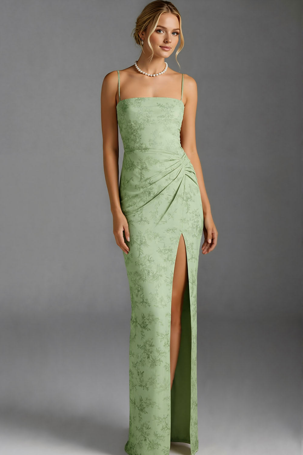 Floral Green Mermaid Spaghetti Straps Ruched Long Bridesmaid Dress with Slit