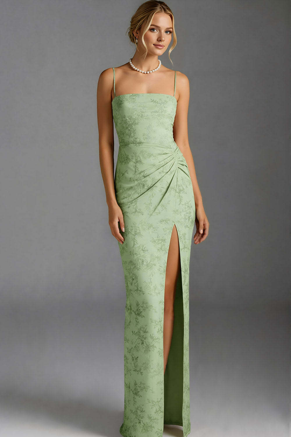 Floral Green Mermaid Spaghetti Straps Ruched Long Bridesmaid Dress with Slit