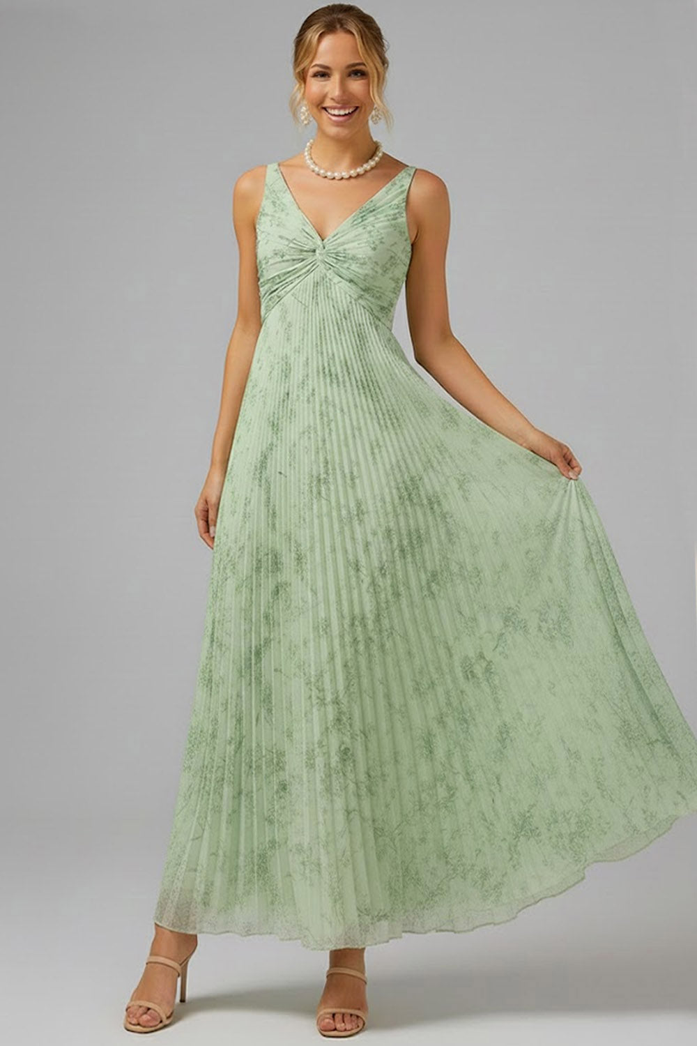 Floral V-Neck Pleated A Line Ruched Long Bridesmaid Dress