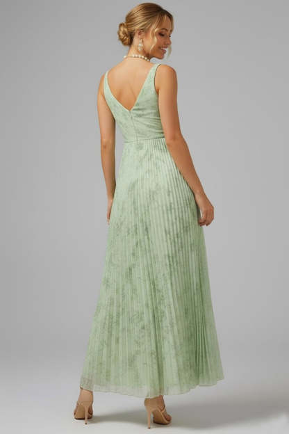 Floral V-Neck Pleated A Line Ruched Long Bridesmaid Dress