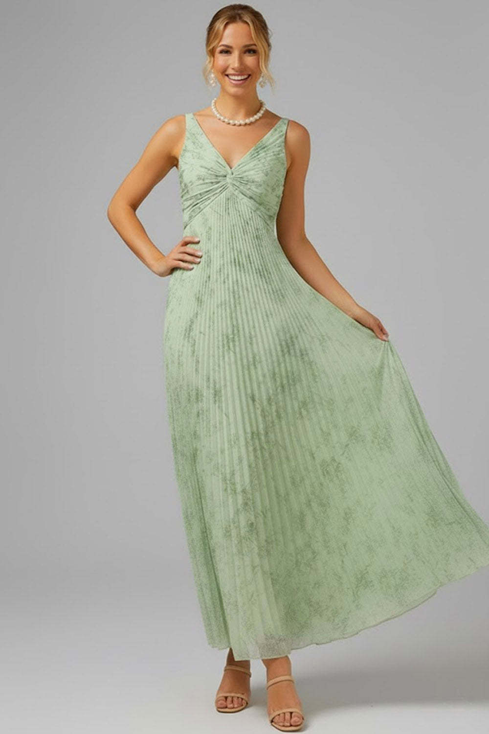 Floral V-Neck Pleated A Line Ruched Long Bridesmaid Dress