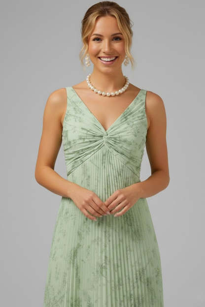 Floral V-Neck Pleated A Line Ruched Long Bridesmaid Dress