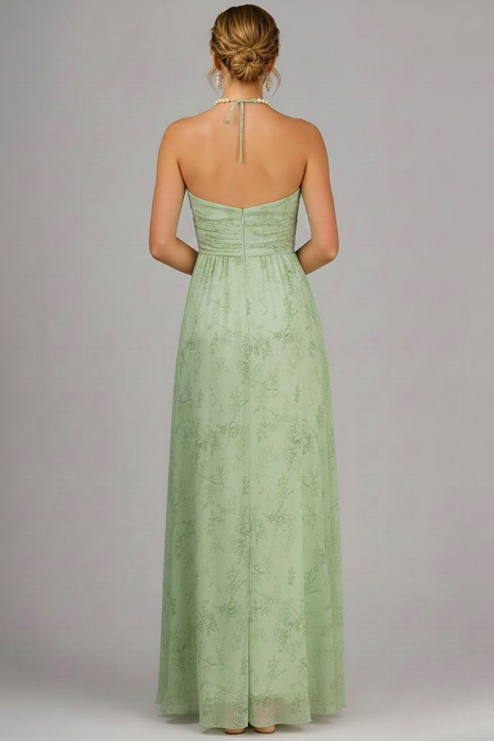 Floral Halter Neck A Line Ruched Long Bridesmaid Dress with Slit