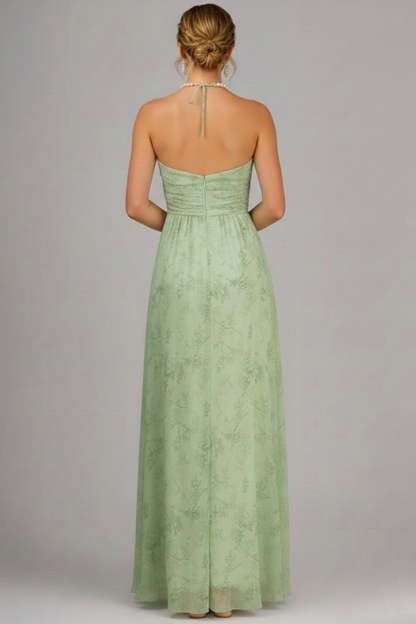 Floral Halter Neck A Line Ruched Long Bridesmaid Dress with Slit