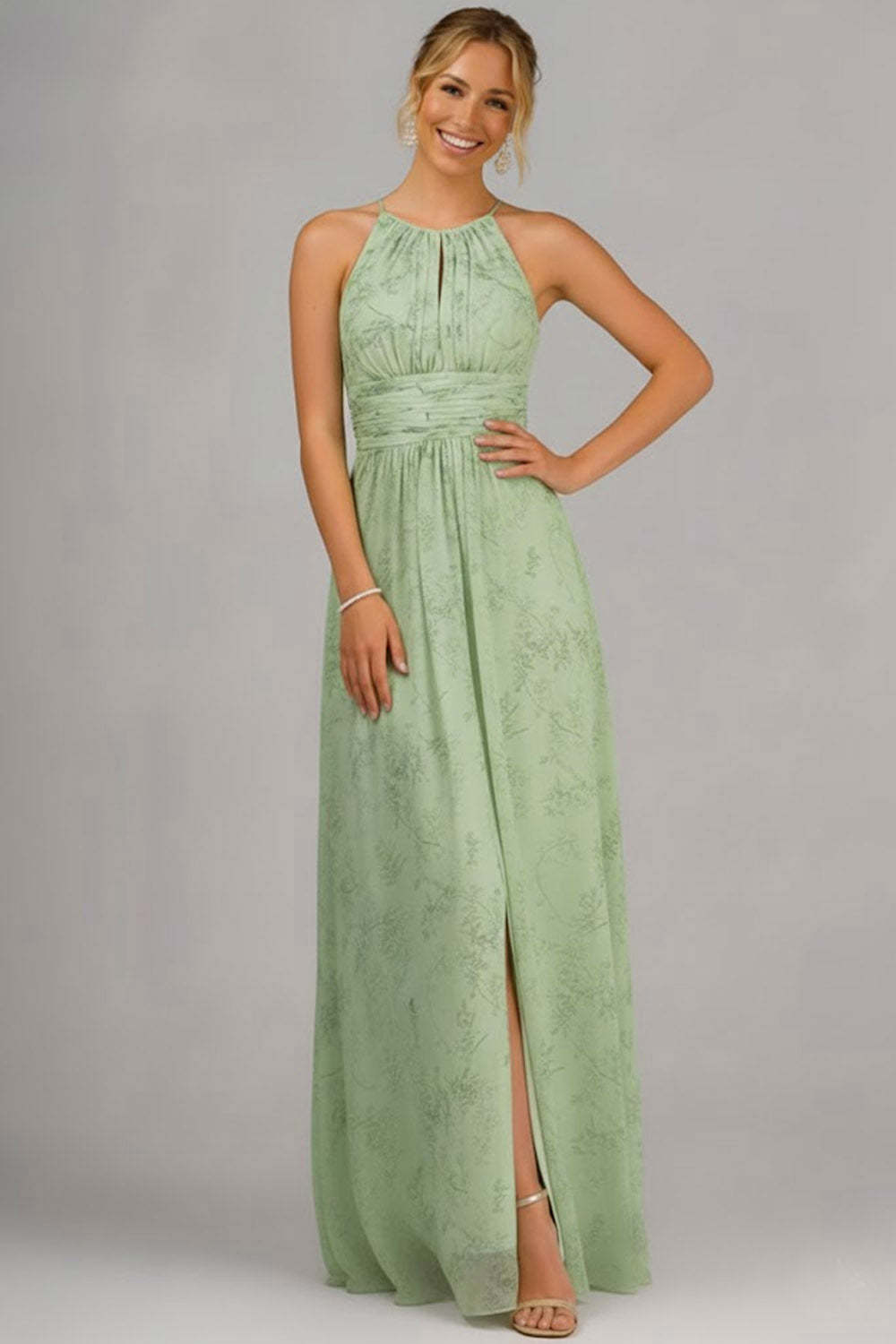 Floral Halter Neck A Line Ruched Long Bridesmaid Dress with Slit