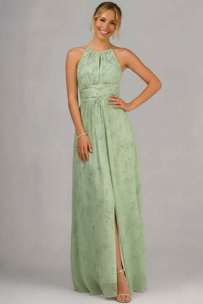 Floral Halter Neck A Line Ruched Long Bridesmaid Dress with Slit