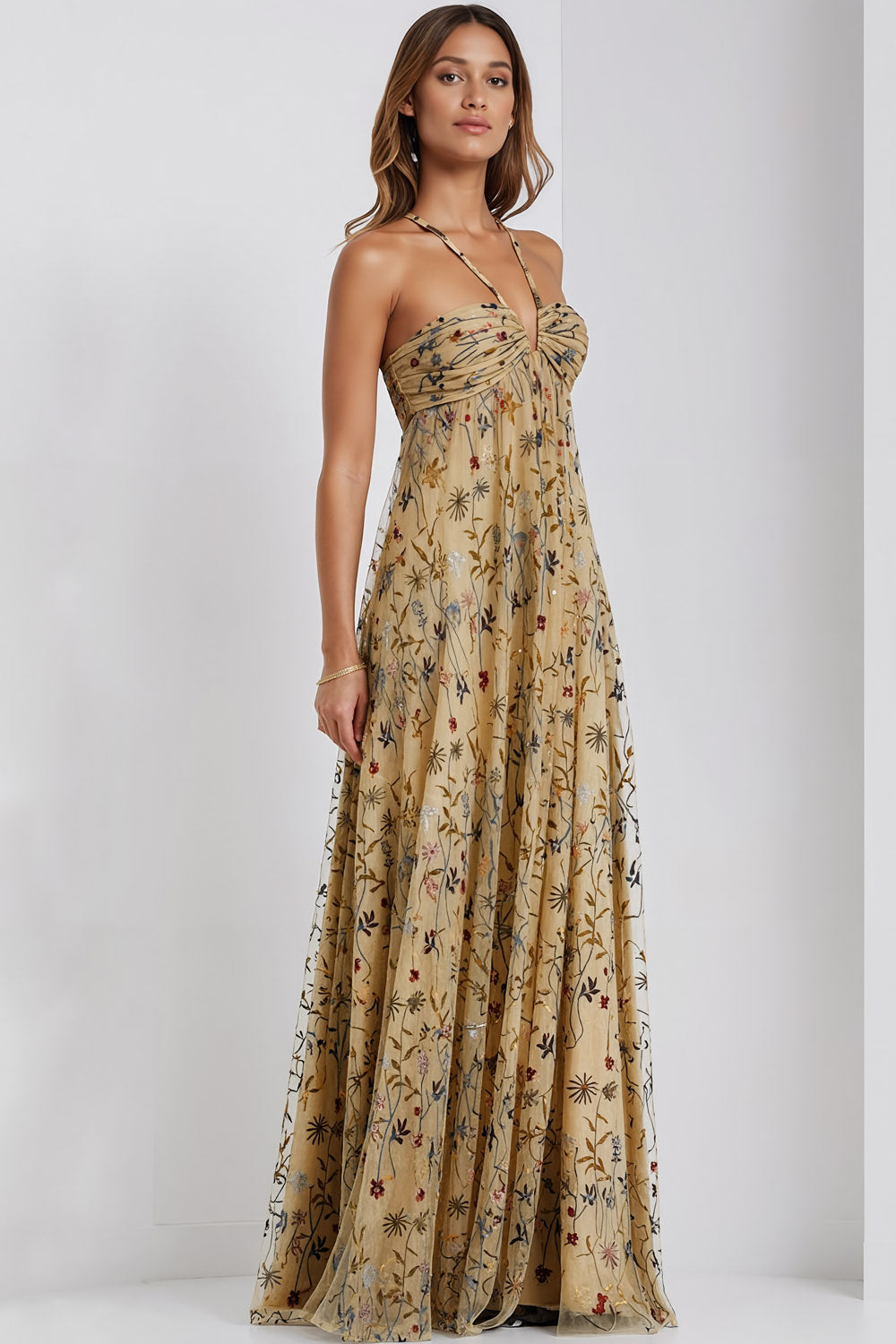 Floral Dark Yellow Halter Neck A Line Long Wedding Guest Dress