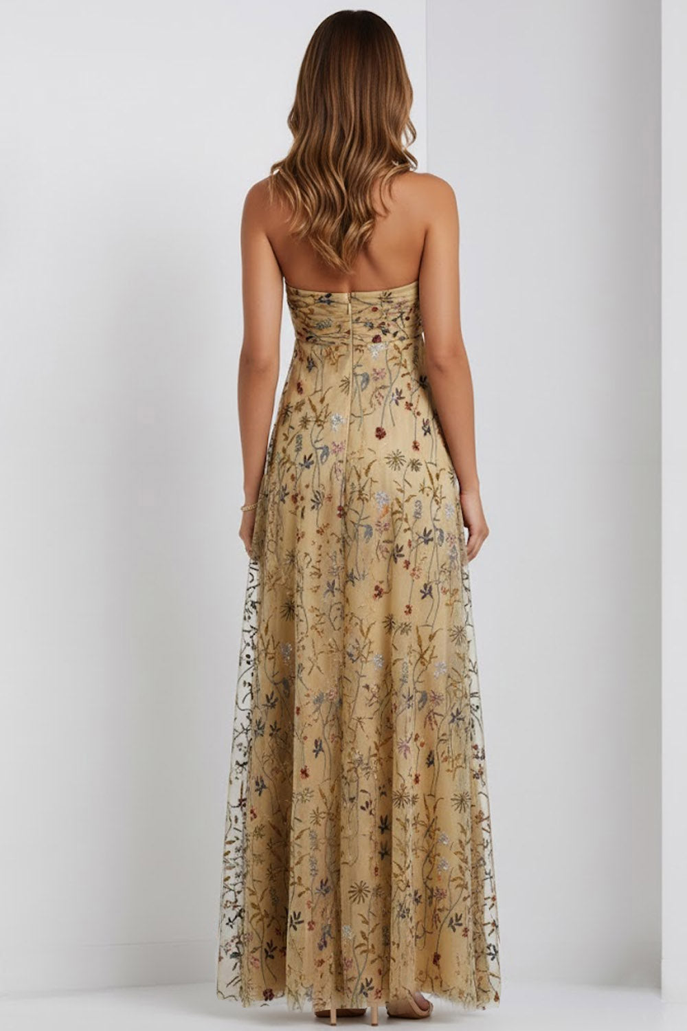 Floral Dark Yellow Halter Neck A Line Long Wedding Guest Dress