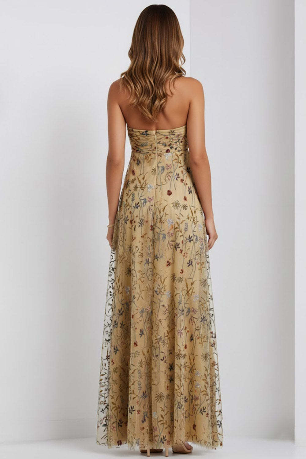 Floral Dark Yellow Halter Neck A Line Long Wedding Guest Dress
