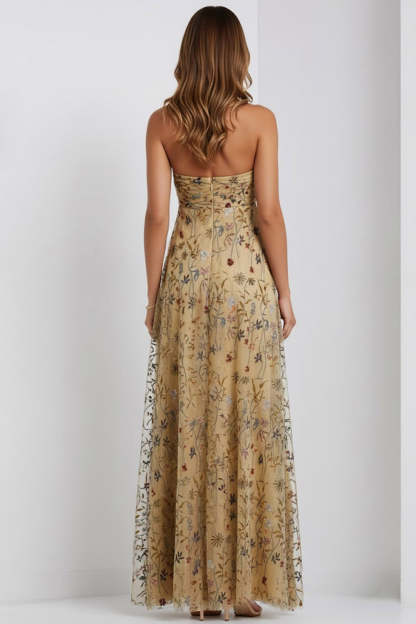 Floral Dark Yellow Halter Neck A Line Long Wedding Guest Dress