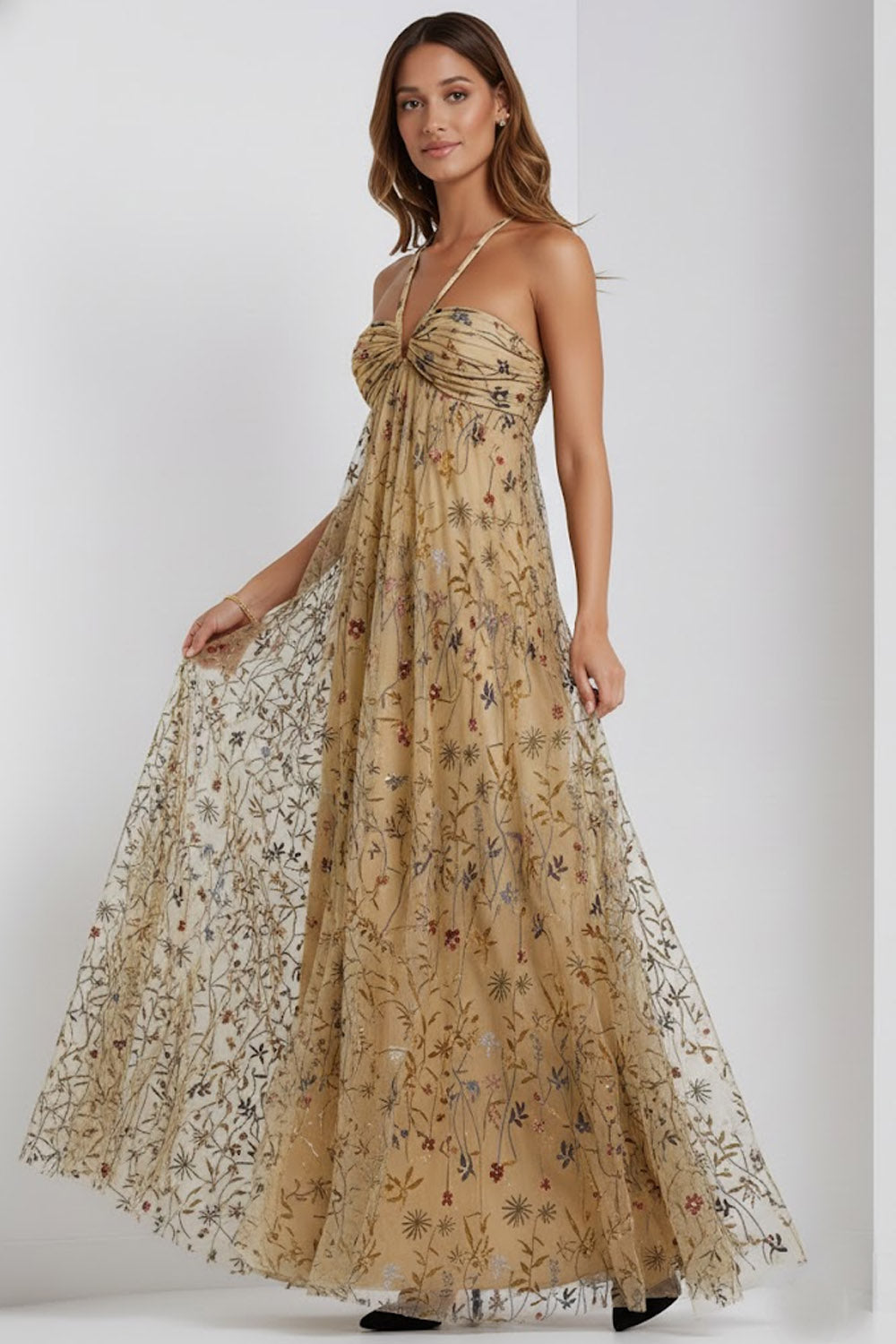 Floral Dark Yellow Halter Neck A Line Long Wedding Guest Dress
