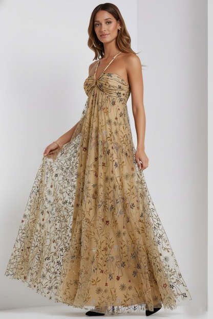 Floral Dark Yellow Halter Neck A Line Long Wedding Guest Dress