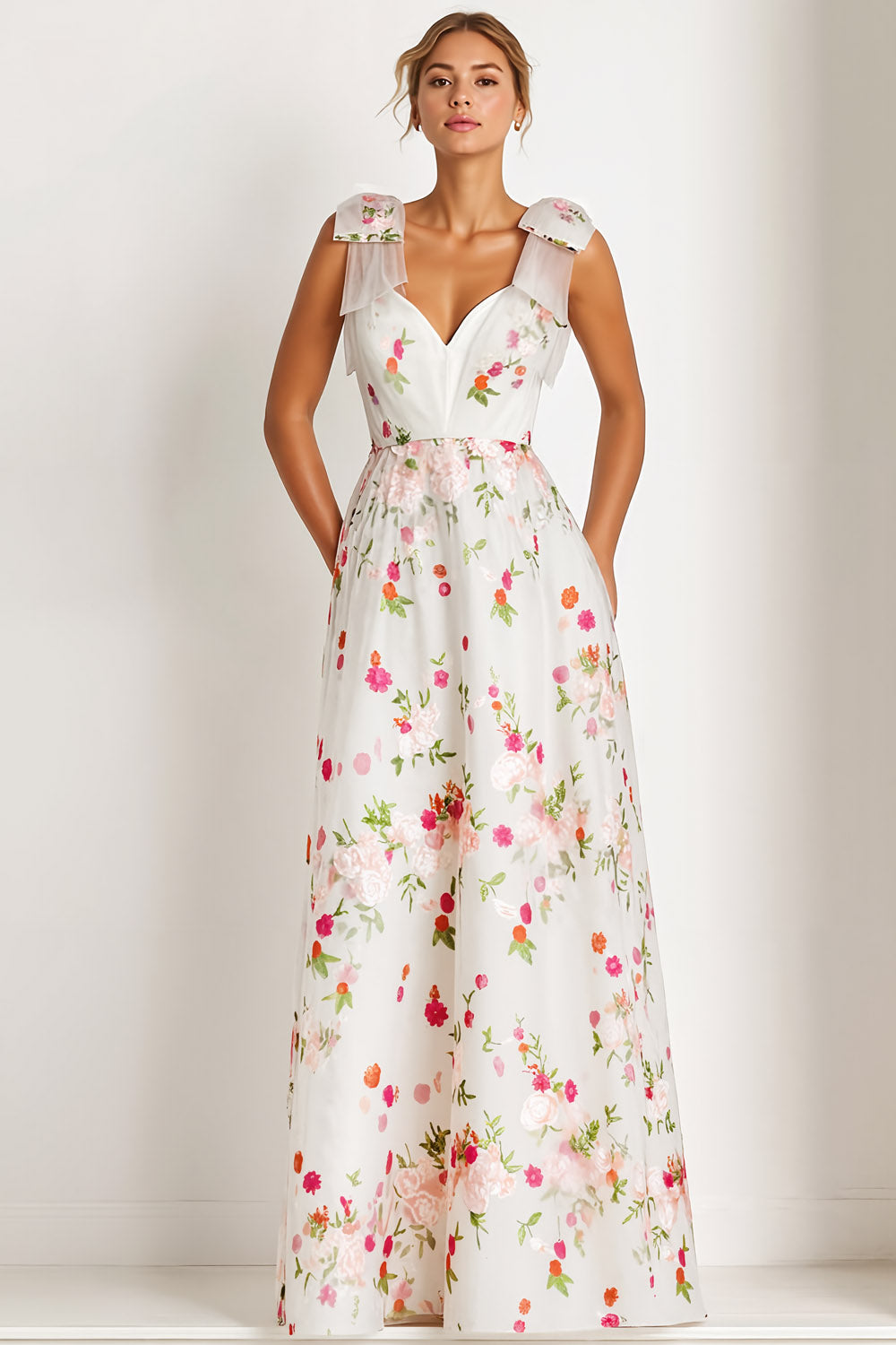 Floral Light Pink Thick Straps A Line Long Bridesmaid Dress