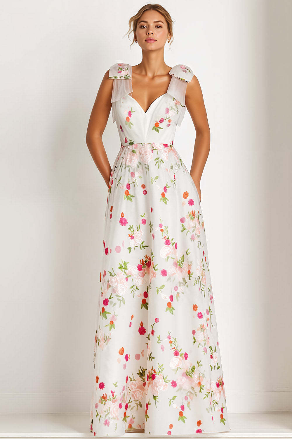 Leely Women Floral Light Pink Long Bridesmaid Dress Thick Straps A Line Wedding Guest Dress with Bows