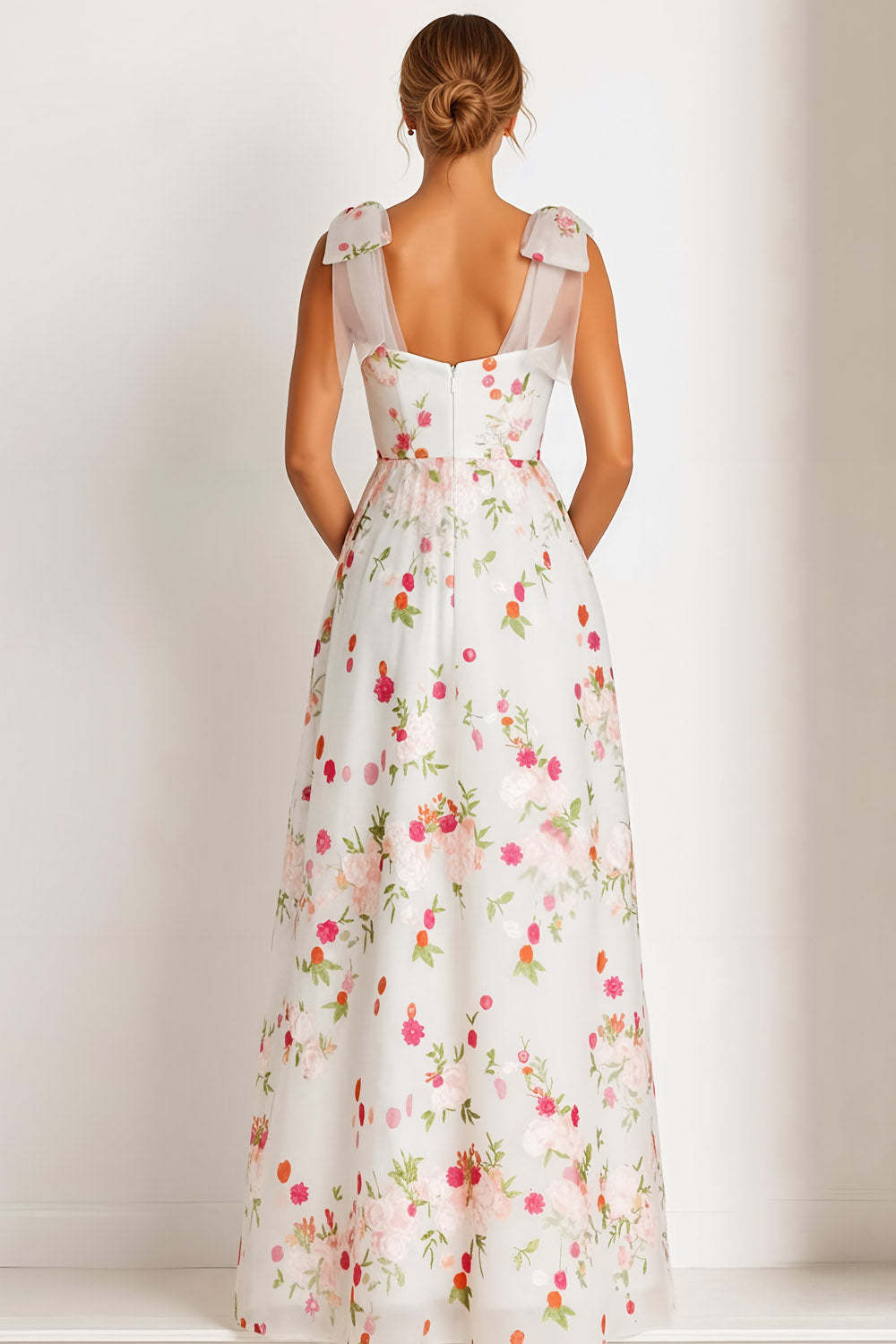 Floral Light Pink Thick Straps A Line Long Bridesmaid Dress