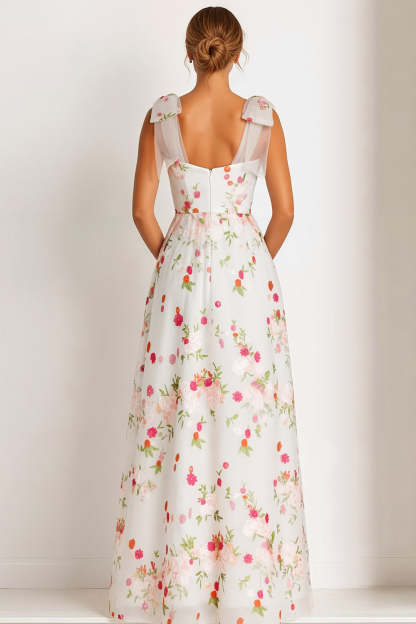 Floral Light Pink Thick Straps A Line Long Bridesmaid Dress