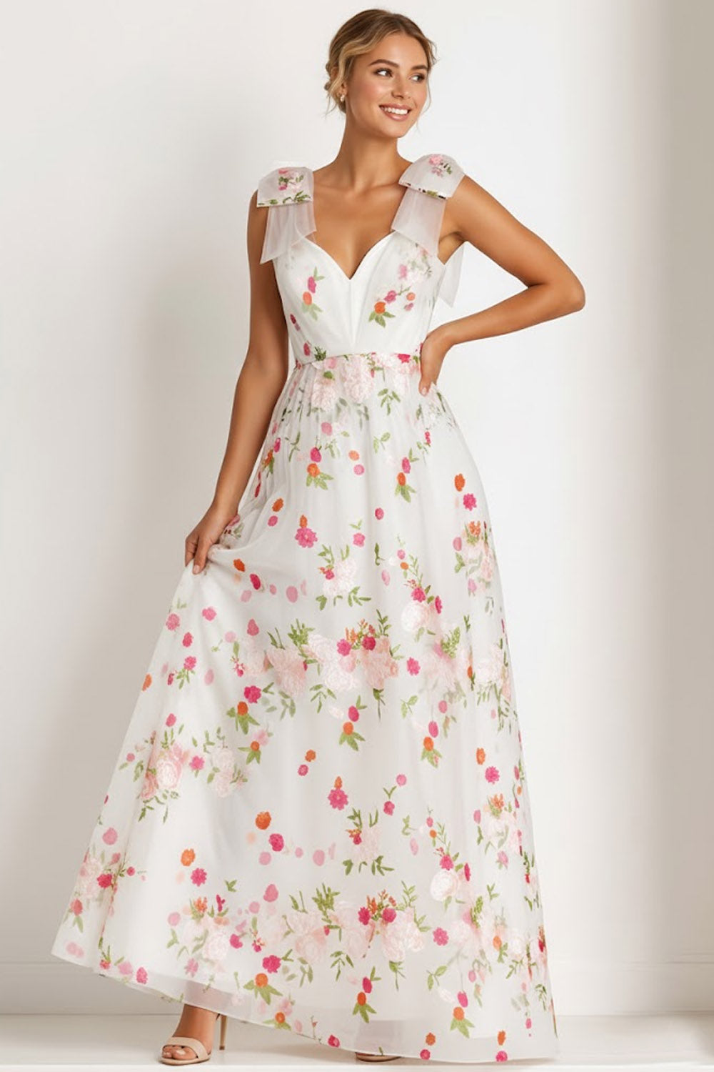 Floral Light Pink Thick Straps A Line Long Bridesmaid Dress