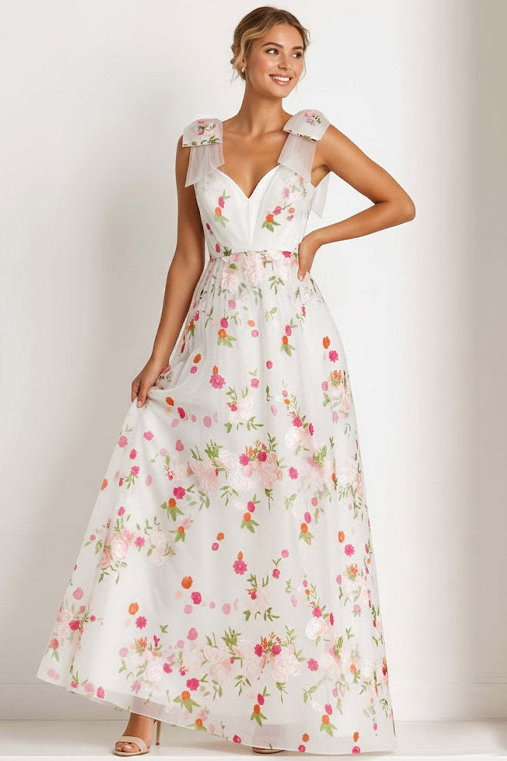 Floral Light Pink Thick Straps A Line Long Bridesmaid Dress