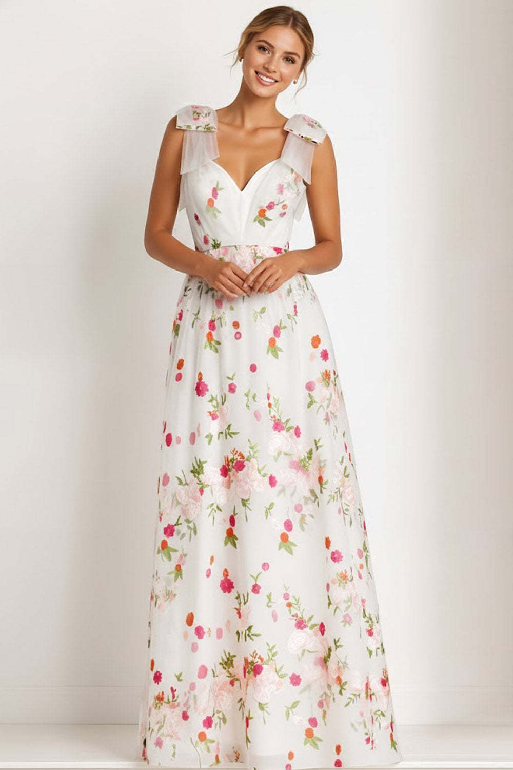 Floral Light Pink Thick Straps A Line Long Bridesmaid Dress