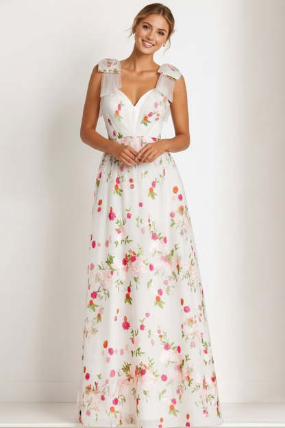 Floral Light Pink Thick Straps A Line Long Bridesmaid Dress