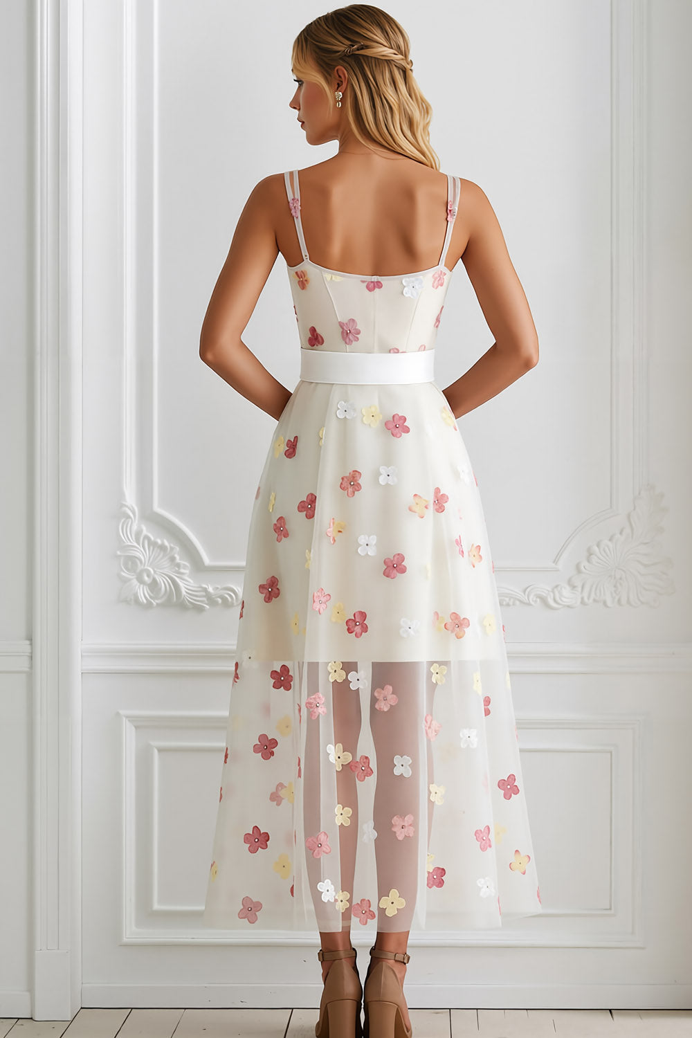 Floral White Spaghetti Straps A Line Long Wedding Guest Dress with Bow