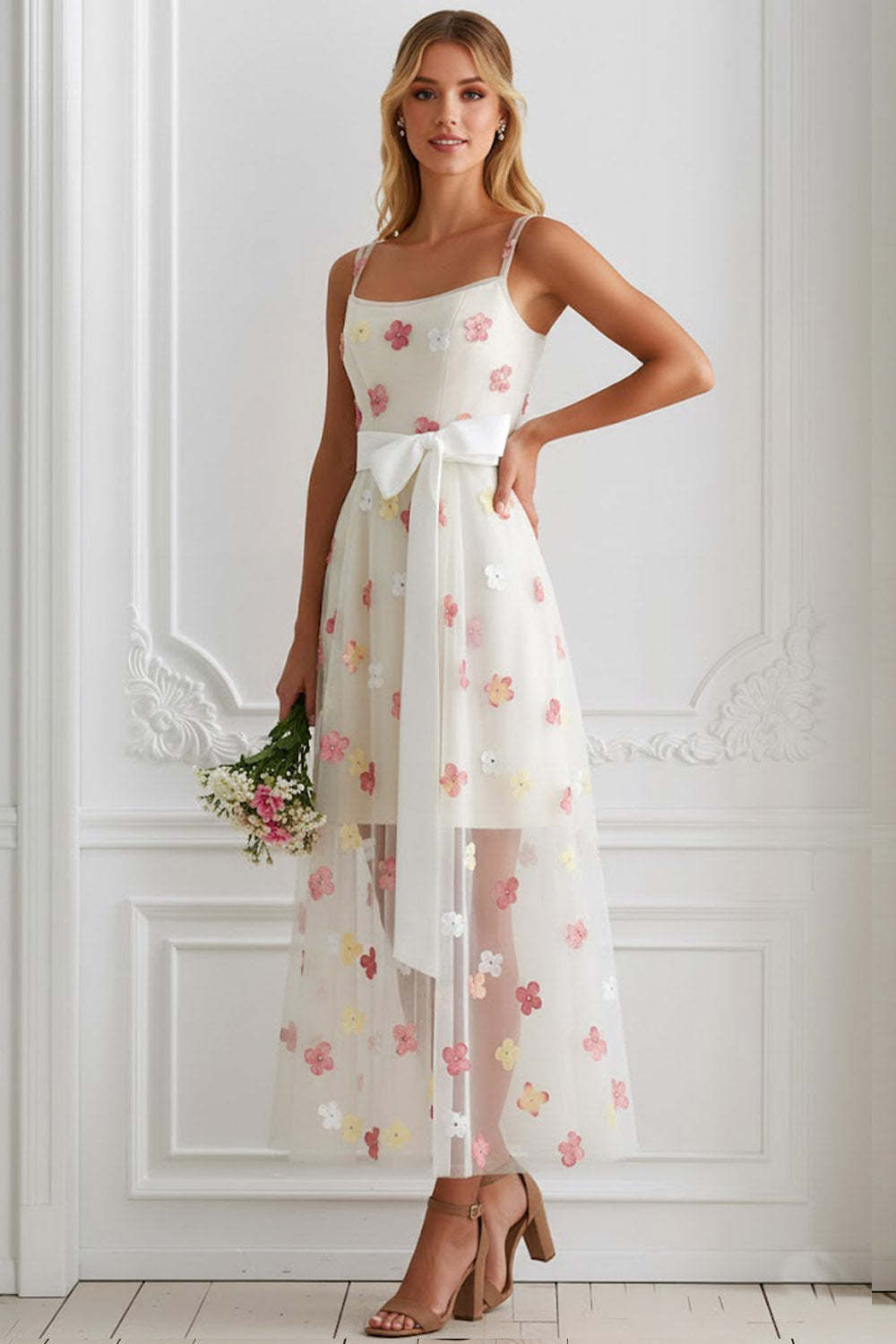 Floral White Spaghetti Straps A Line Long Wedding Guest Dress with Bow