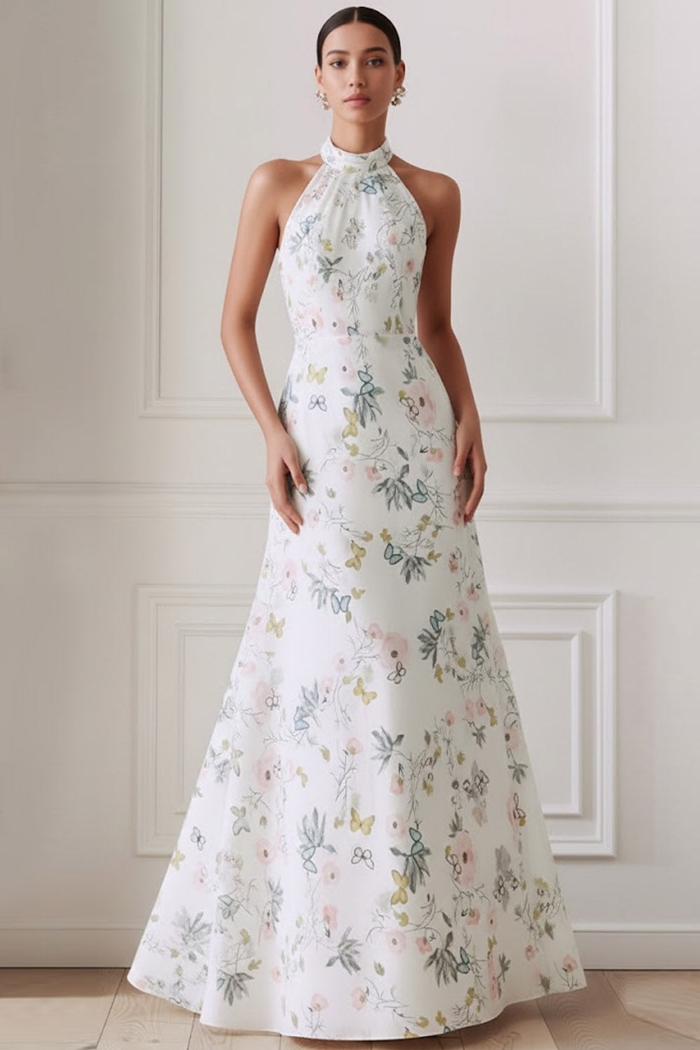 Leely Women Floral White Long Bridesmaid Dress Halter Neck Backless A Line Wedding Guest Dress with Bows