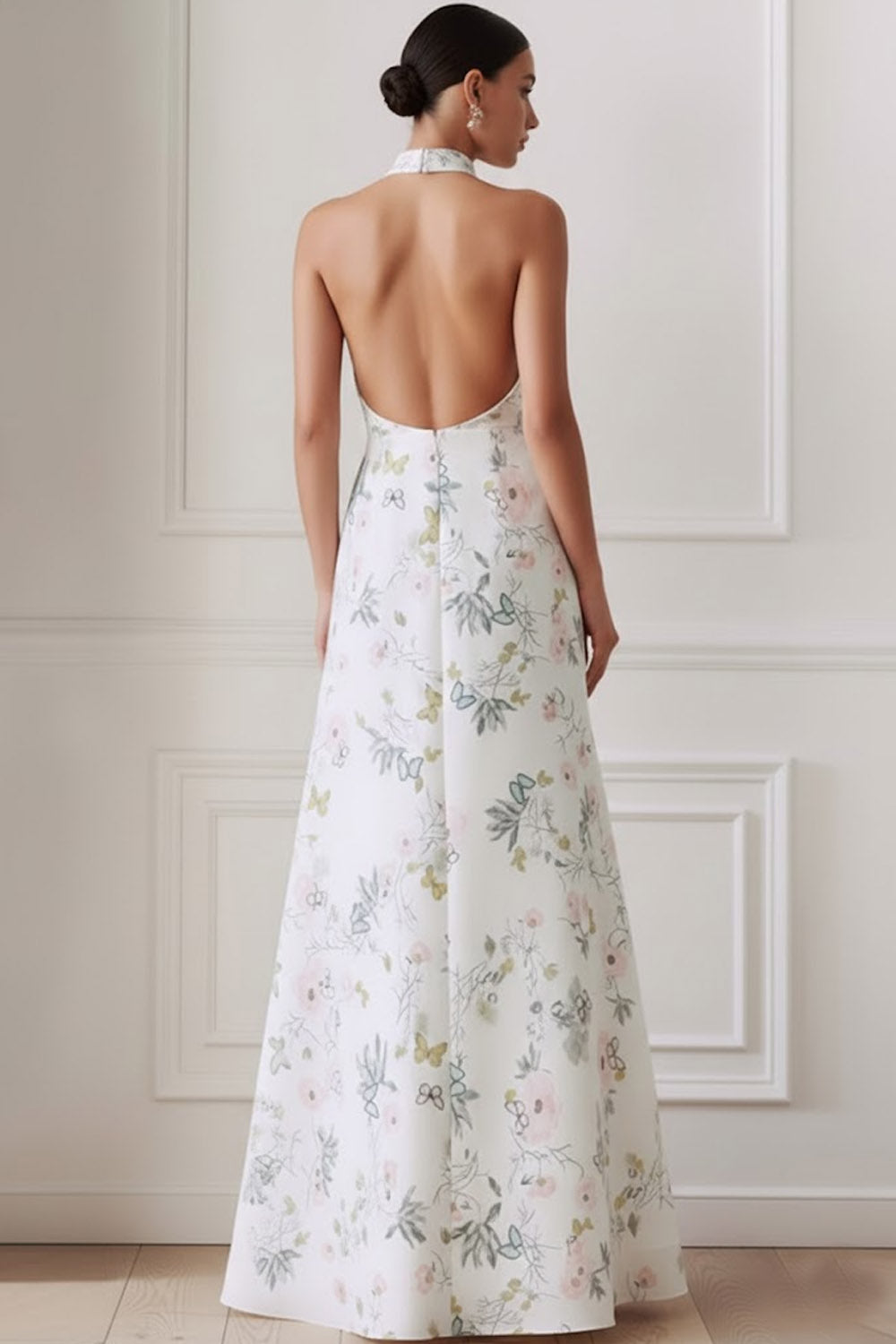 Floral White Halter Neck Backless Long Bridesmaid Dress