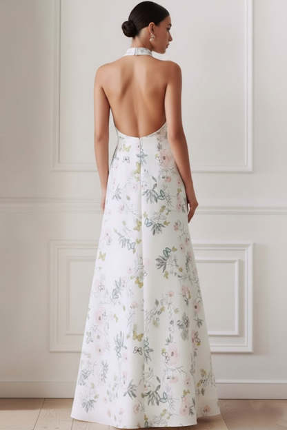 Floral White Halter Neck Backless Long Bridesmaid Dress