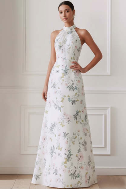 Floral White Halter Neck Backless Long Bridesmaid Dress