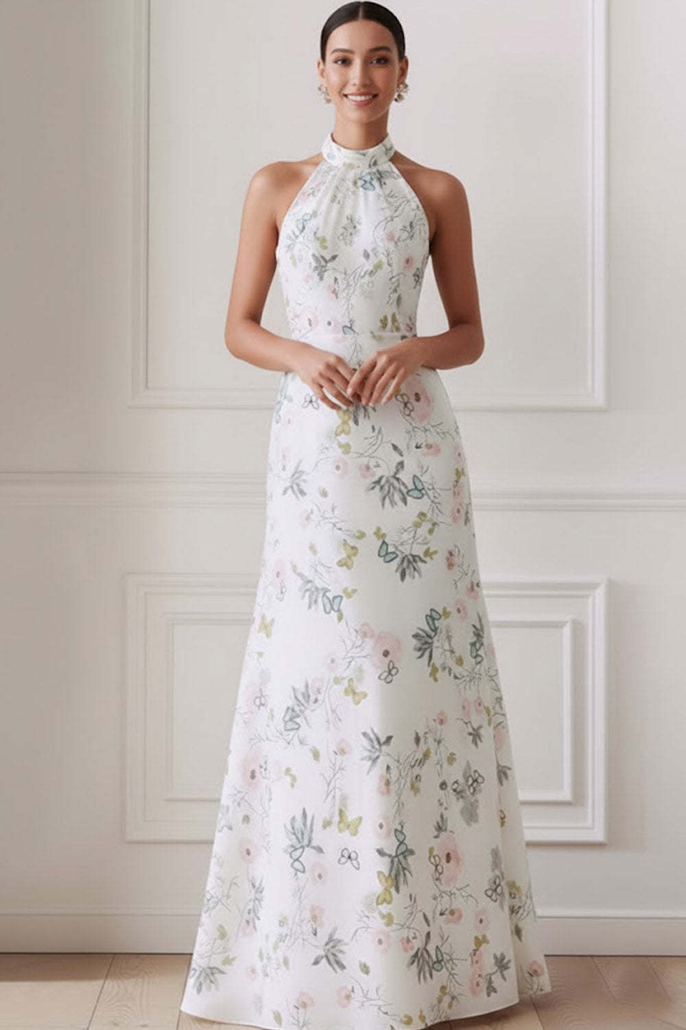 Floral White Halter Neck Backless Long Bridesmaid Dress
