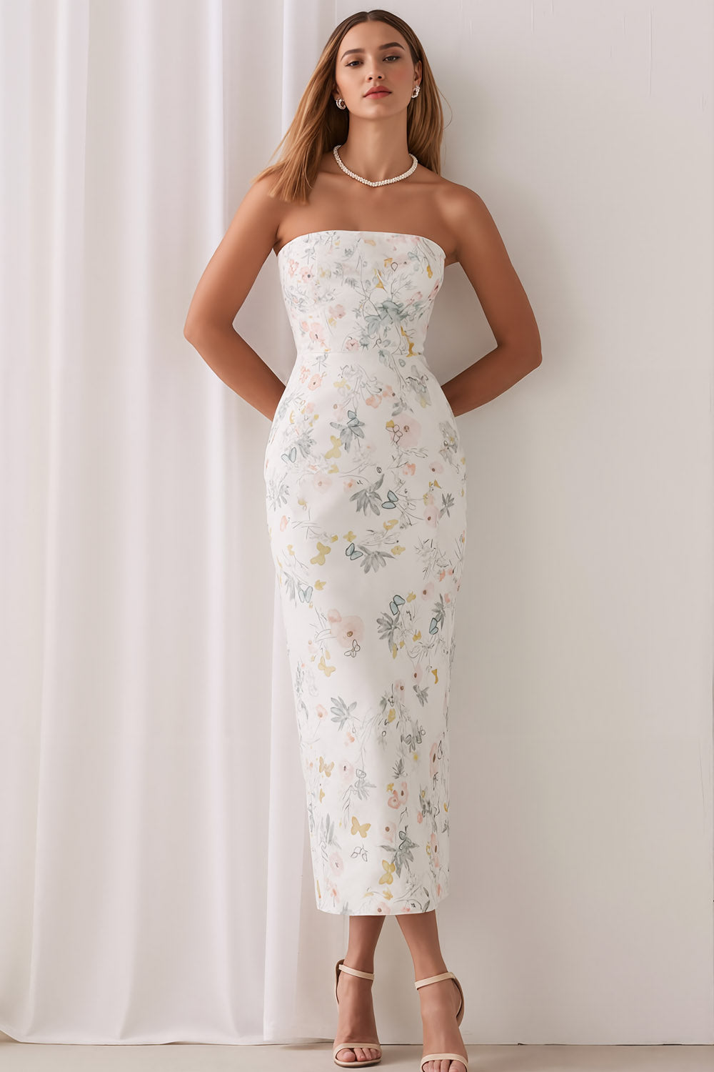 Floral White Strapless Sheath Long Bridesmaid Dress
