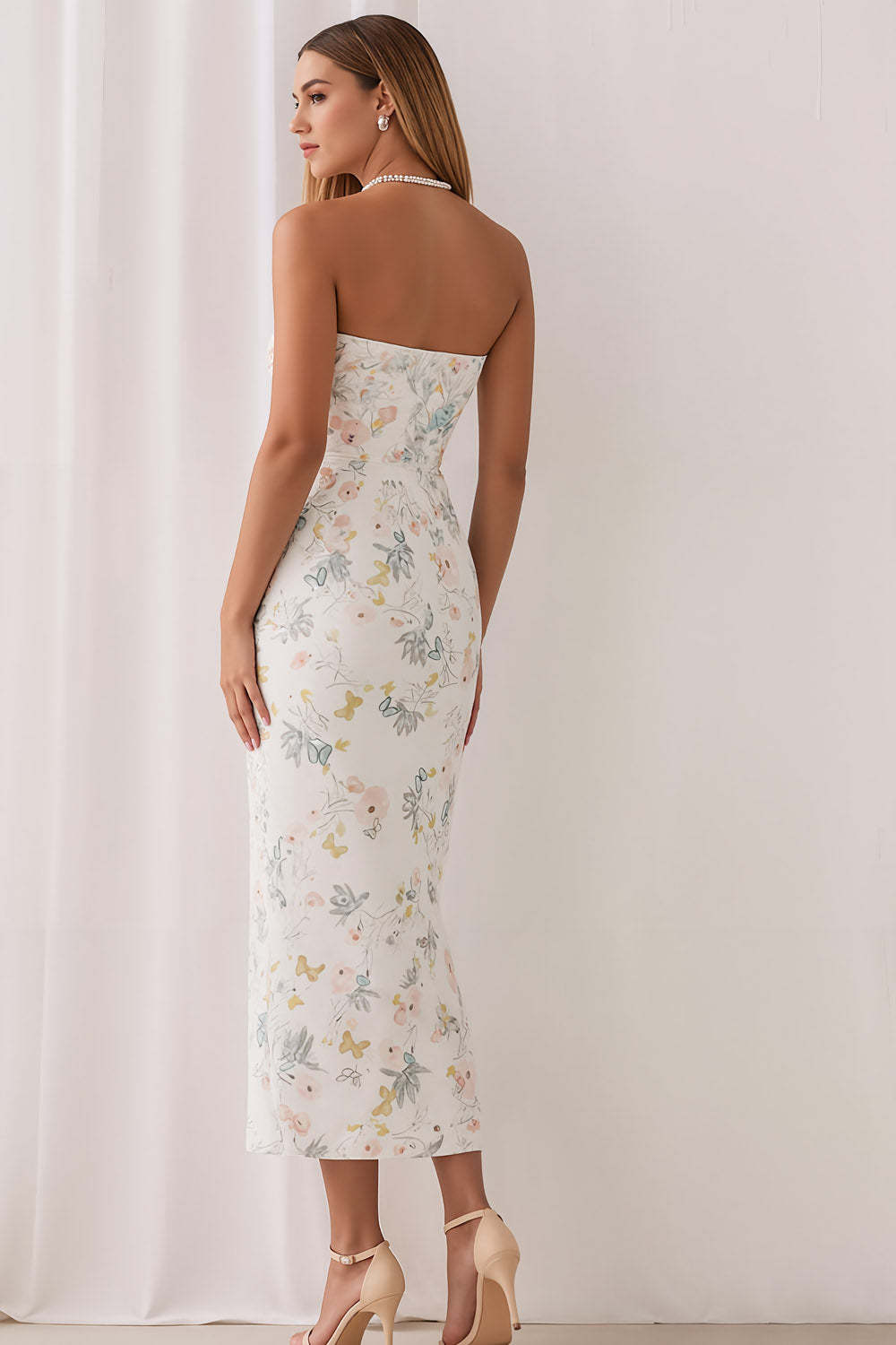 Floral White Strapless Sheath Long Bridesmaid Dress