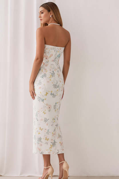 Floral White Strapless Sheath Long Bridesmaid Dress